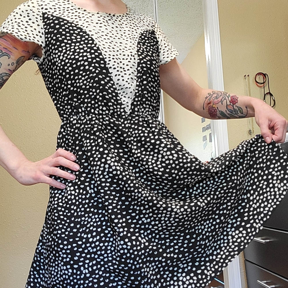 Doe & Rae Black and White Abstract Polka Dot Dress